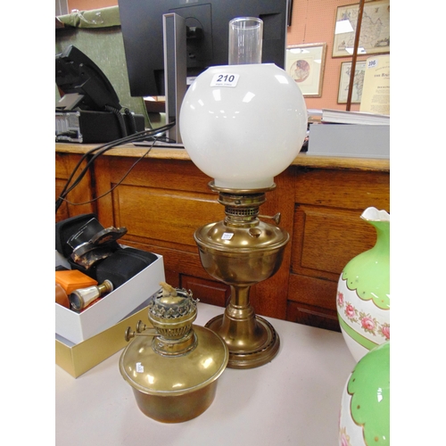 210 - Brass oil lamp, and an oil lamp base.