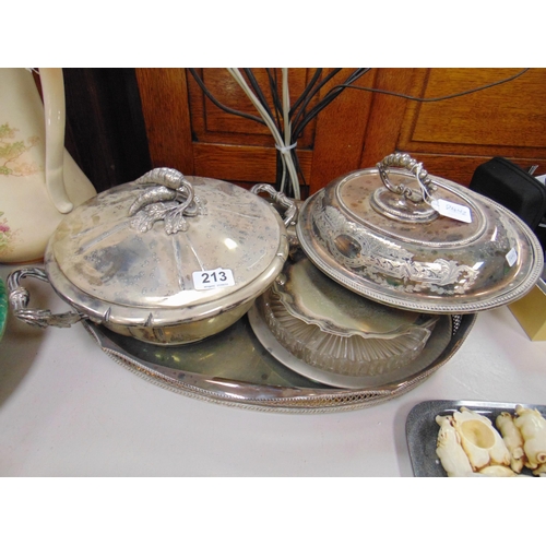 213 - Two plated tureens, oval tray ,etc.