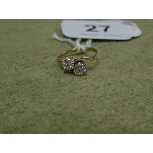 27 - 9ct gold ring, set with two white stones, having London Hallmarks. Size K.