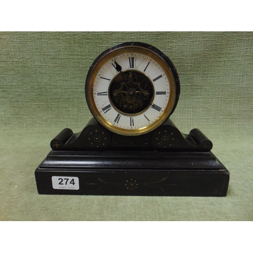 274 - Antique black slate drum head mantle clock, having visible movement, enamel face and Roman numerals.... 