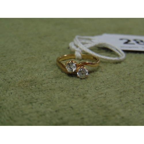 28 - 9ct gold ring, set with two white stones. Size M.