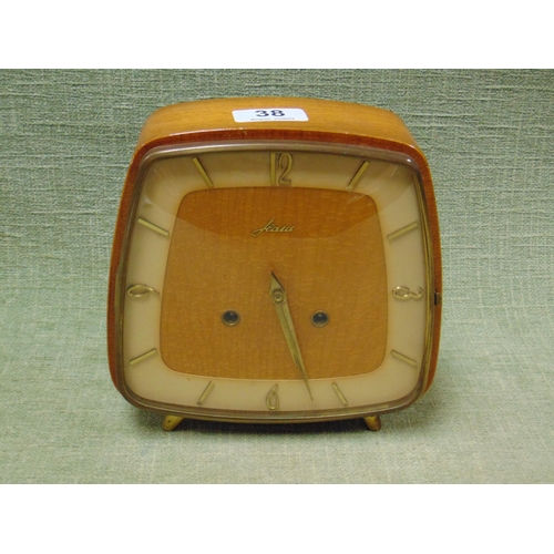 38 - Jeald oak veneered mantle clock, having Francis Hermle 1962 movement.