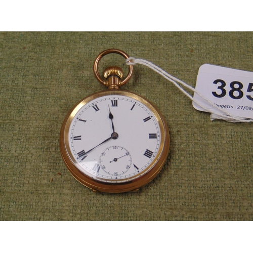 385 - Victorian enamel faced pocket watch, having Roman numerals and contained in a gold plated case.