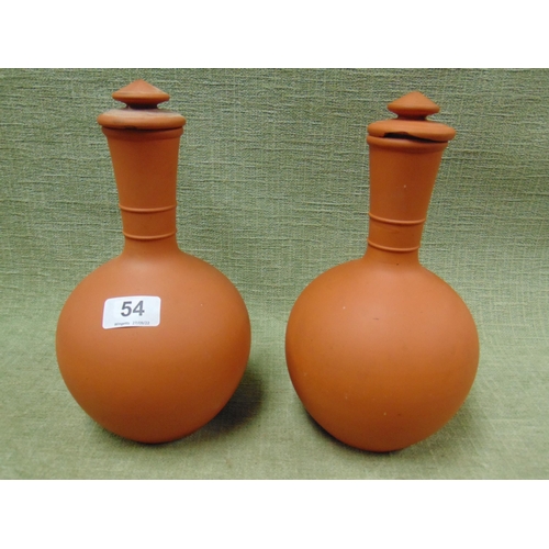 54 - Pair of oriental antique terracotta lidded bottle vases, together with a terracotta dish, (3) each 1... 