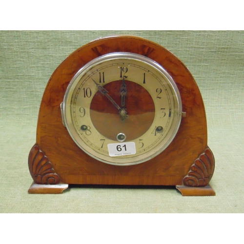 61 - Pyke & Sons Birkenhead walnut veneered mantle clock, having moulded shell decoration.