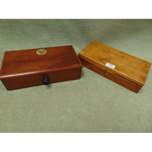 77 - Mahogany single drawer table top chest, having fitted interior and one similar example. (2).