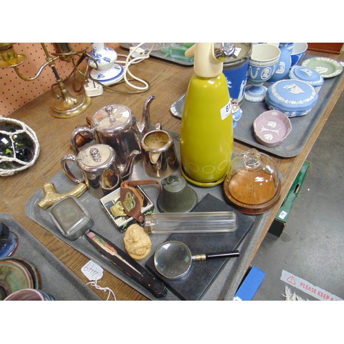 81 - Silver topped dressing table jar, pewter lidded box, small glass dome, etc.