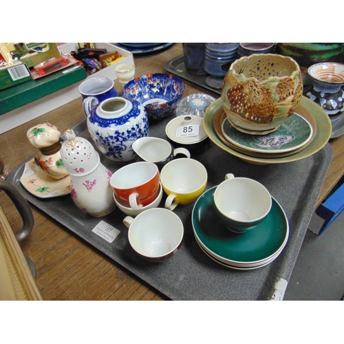 85 - Tray of mixed china, to include Blue and white ginger jar, floral ink well, etc.