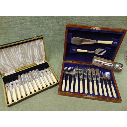 89 - Cased set of silver bezeled fish knives and forks, together with some plated cutlery.