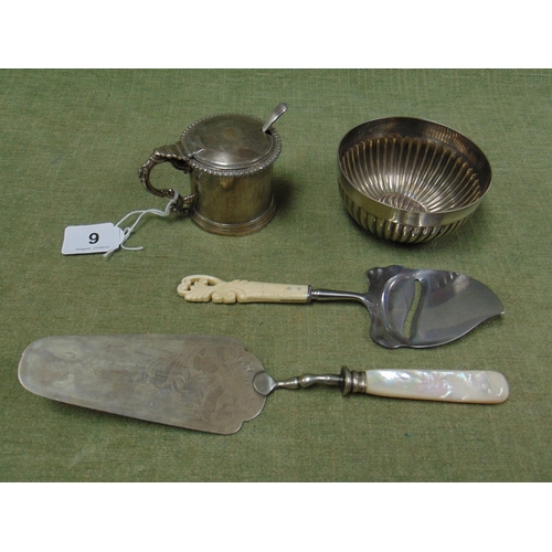 9 - Large plated mustard pot, sugar bowl, cake slice and a cheese slice.