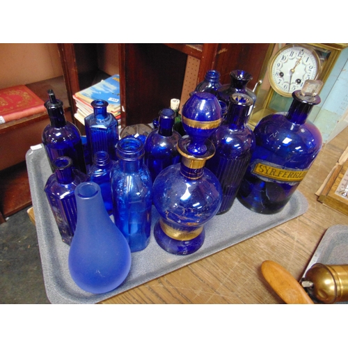 97 - Antique blue glass chemist jar, one other, and a collection of blue glassware.