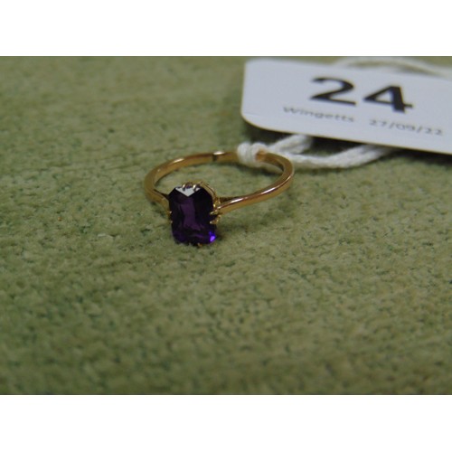 24 - Yellow gold ring, set with amethyst stone. Size J .