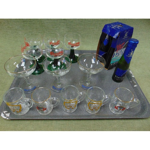 33 - Four bottles of Babycham 100ml and each 6%, and one other bottle (5), Babycham glasses, etc.