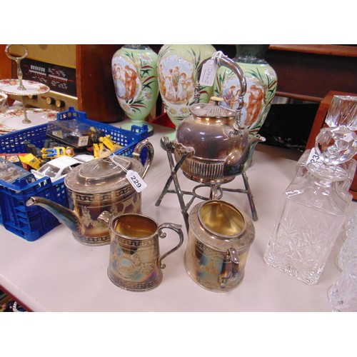 229 - 19th century EPNS tea service, together with a plated spirit kettle on stand.