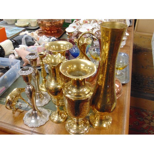 240 - Selection of brassware, pair of plated candle sticks, etc.