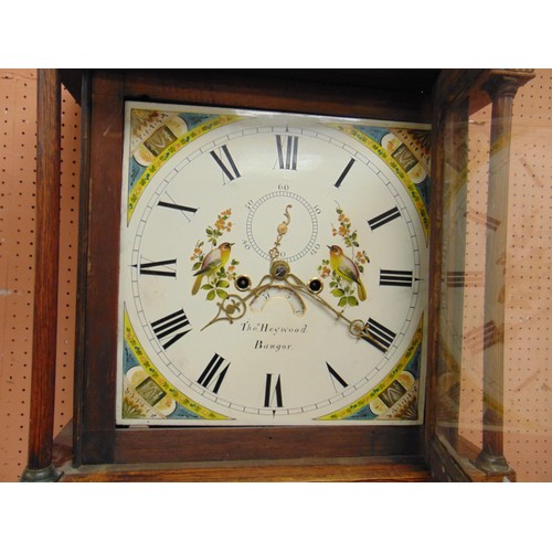 322 - Thomas Haywood, antique oak 8 day longcase clock, painted enamel dial decorated with birds, and havi... 