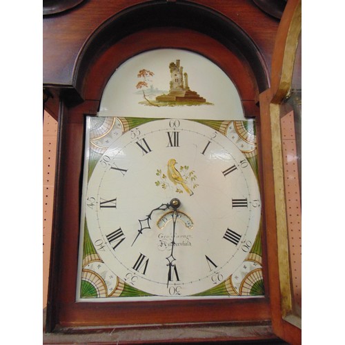 325 - George Savage Huddersfield, antique 30 hour long case clock, Broken scroll neck pediment above paint... 