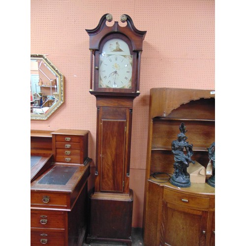 325 - George Savage Huddersfield, antique 30 hour long case clock, Broken scroll neck pediment above paint... 