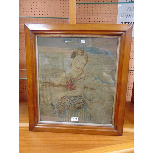 332 - Antique framed and glazed needle work , study of a seated girl. 17 x15