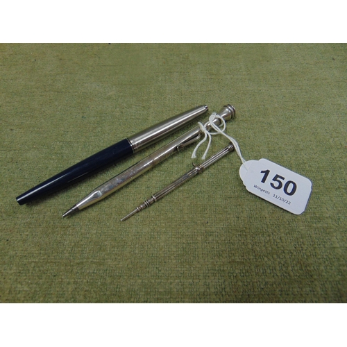 150 - Silver cased propelling pencil , one other and a Parker pen. (3).