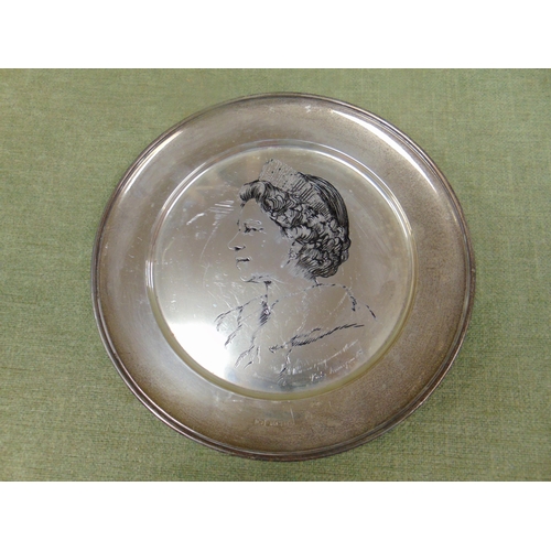 23 - Silver salver, the centre decorated with H.R.H Queen Elizabeth II.  13 Ozt.