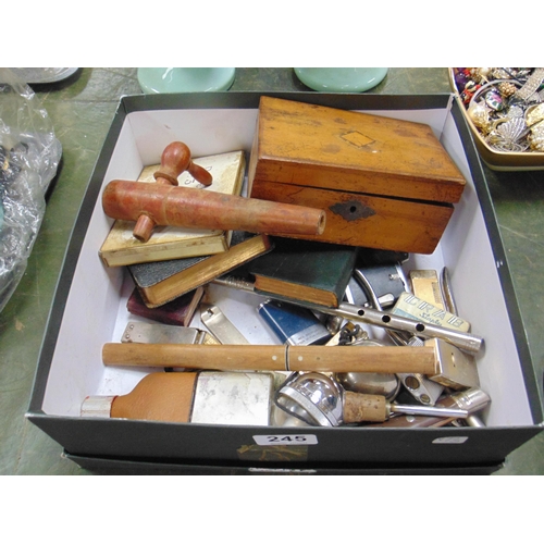 245 - Small 19th century trinket box, various lighters, hip flask, etc.