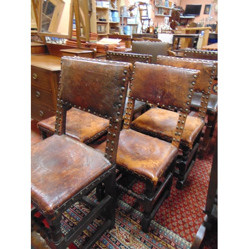 330 - Harlequin set of seven chairs, hide upholstered backs and seats , set on cup and cover supports with... 