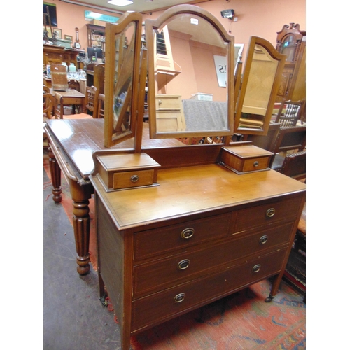 332 - Edwardian inlaid mahogany mirror back dressing table, two short and two long drawers  with metal han... 