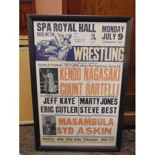 340 - Framed and glazed Spa Royal Hall Bridlington, Wrestling match poster. 30 x 18.5