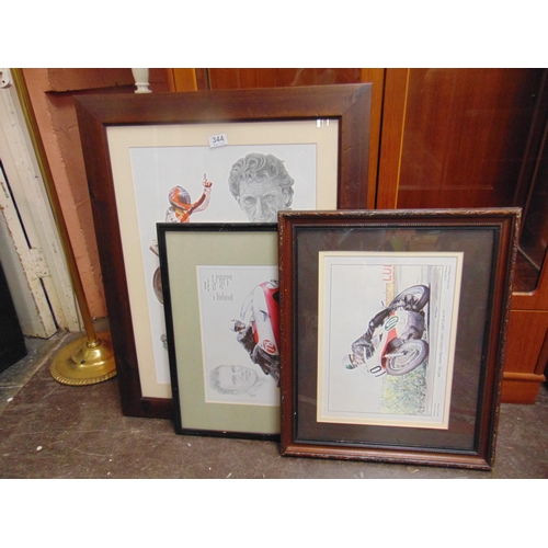 344 - Selection of framed and glazed motor cycle racing prints.