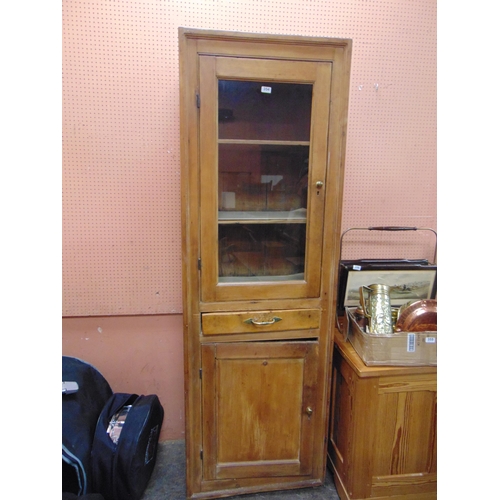 354 - Antique pine kitchen cupboard, having glazed upper portion, shelf lined interior , single drawer wit... 