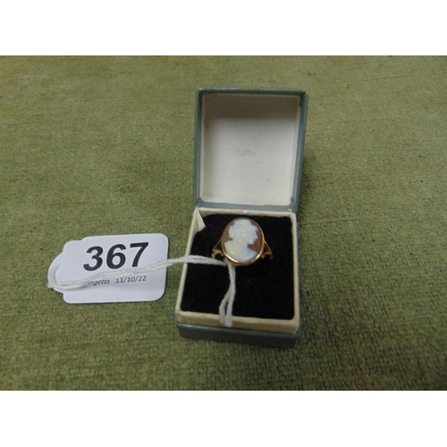 367 - 9ct gold ring , set with cameo.