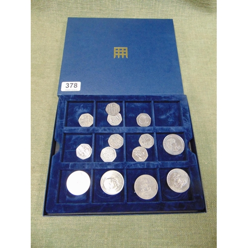 378 - Cased collection of commemorative 50 pence pieces, Five pounds and Crowns.