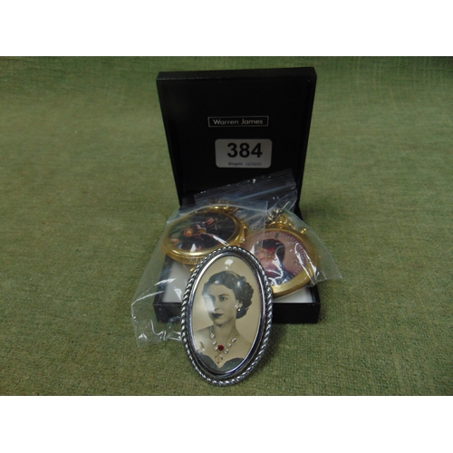 384 - Plated Brooch , commemorating HRH Queen Elizabeth II , together with two Elvis pocket watches. (3).