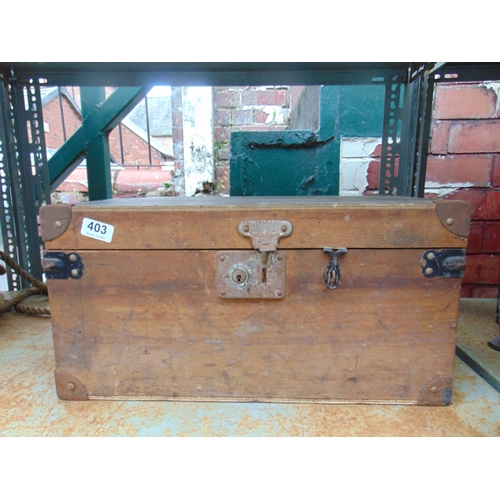 403 - Small pine tool box , having lift up lid and metal side handles.