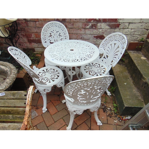 409 - Antique style painted cast metal garden table and chairs, having pierced decoration.