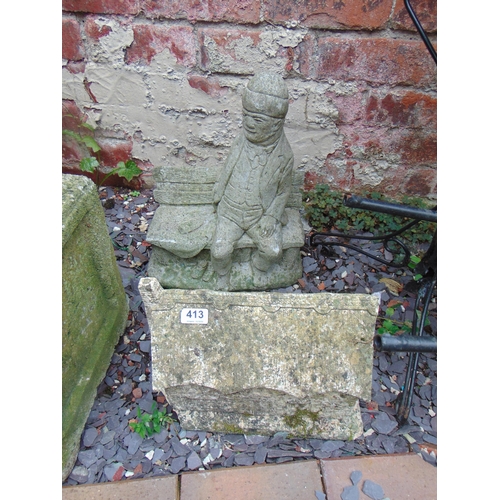 413 - Modern stoneware garden figure , modelled as a man sat on a bench , and one other model, (2).