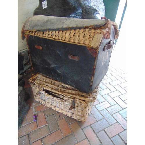 433 - Antique dome topped travel trunk, and a large wicker basket, (2).