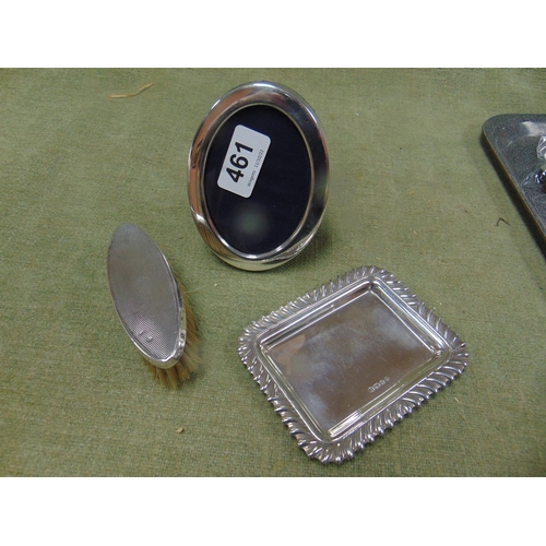 461 - Silver rectangular tray, small brush and an oval photograph frame (3).