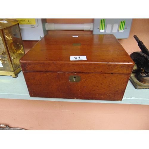 61 - Small antique mahogany writing box, lift up lid and fitted interior. 5 x 10 x 9