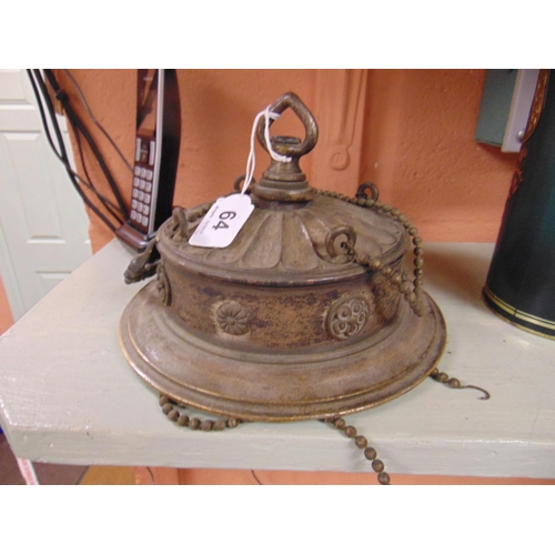 64 - Antique brass framed light fitting, decorated with rams heads and floral swags. (pieces absent).