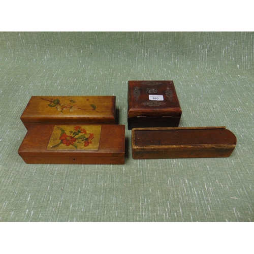 103 - Vintage pen box, together with three wooden trinket boxes (4).