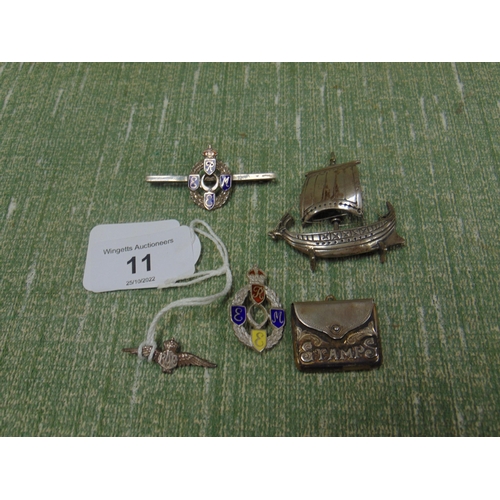 11 - Silver RAF brooch, Sailing vessel broach and two crested badges, and a silver stamp holder.