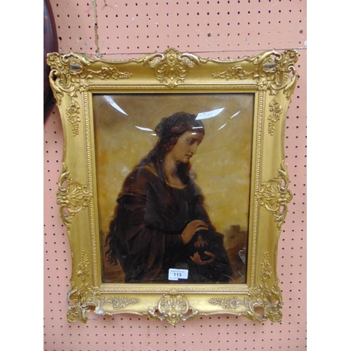 113 - Antique gilt framed  crystoleum, depicting a classical lady holding an urn. 14 x 11