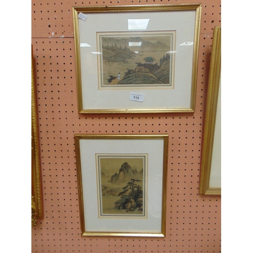 115 - Two framed and glazed oriental prints on silk, traditional scenes.