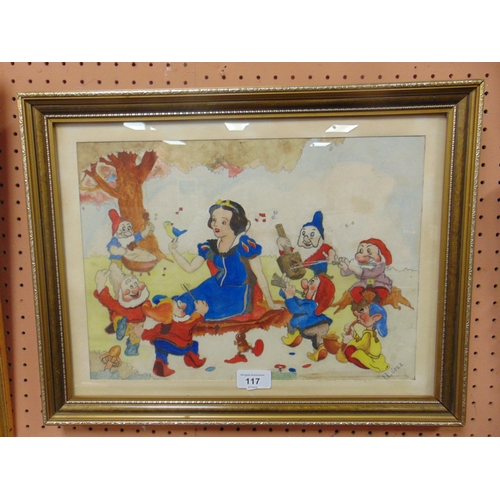 117 - I .Lopez , framed and glazed water colour, Snow white and the seven dwarfs. signed lower right. 10 x... 