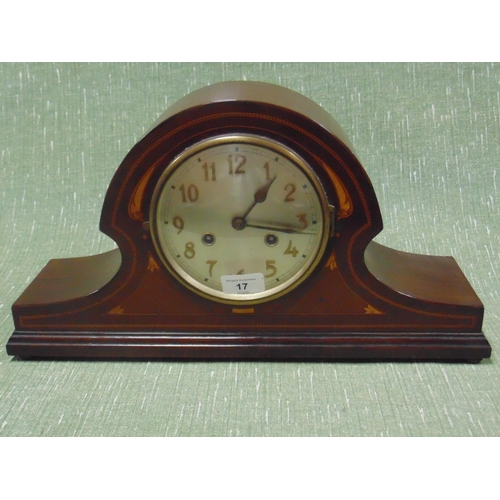 17 - Edwardian inlaid mahogany mantle clock, silvered dial and Arabic numerals.