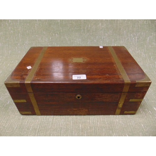 22 - 19th century rosewood brass bound writing box, having lift up lid revealing a fitted interior.6 x 15... 