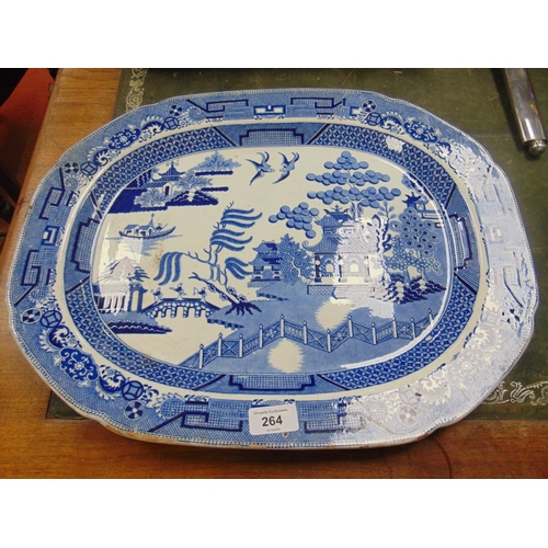 264 - Antique willow pattern meat plate, Impressed mark 18 ,  19