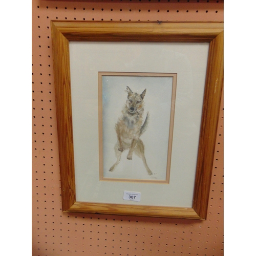 307 - Oliver '92, framed and glazed water colour, Wolf. 8.5 x 5.5